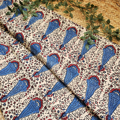 Unstitched Beige Ajrakh Pure Cotton Fabric with Indigo Motifs – Handcrafted Fabric for Custom Designs