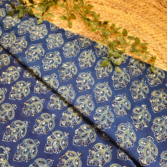 Unstitched Blue Ajrakh Hand Block Printed Pure Cotton Fabric – Handcrafted Fabric for Custom Designs