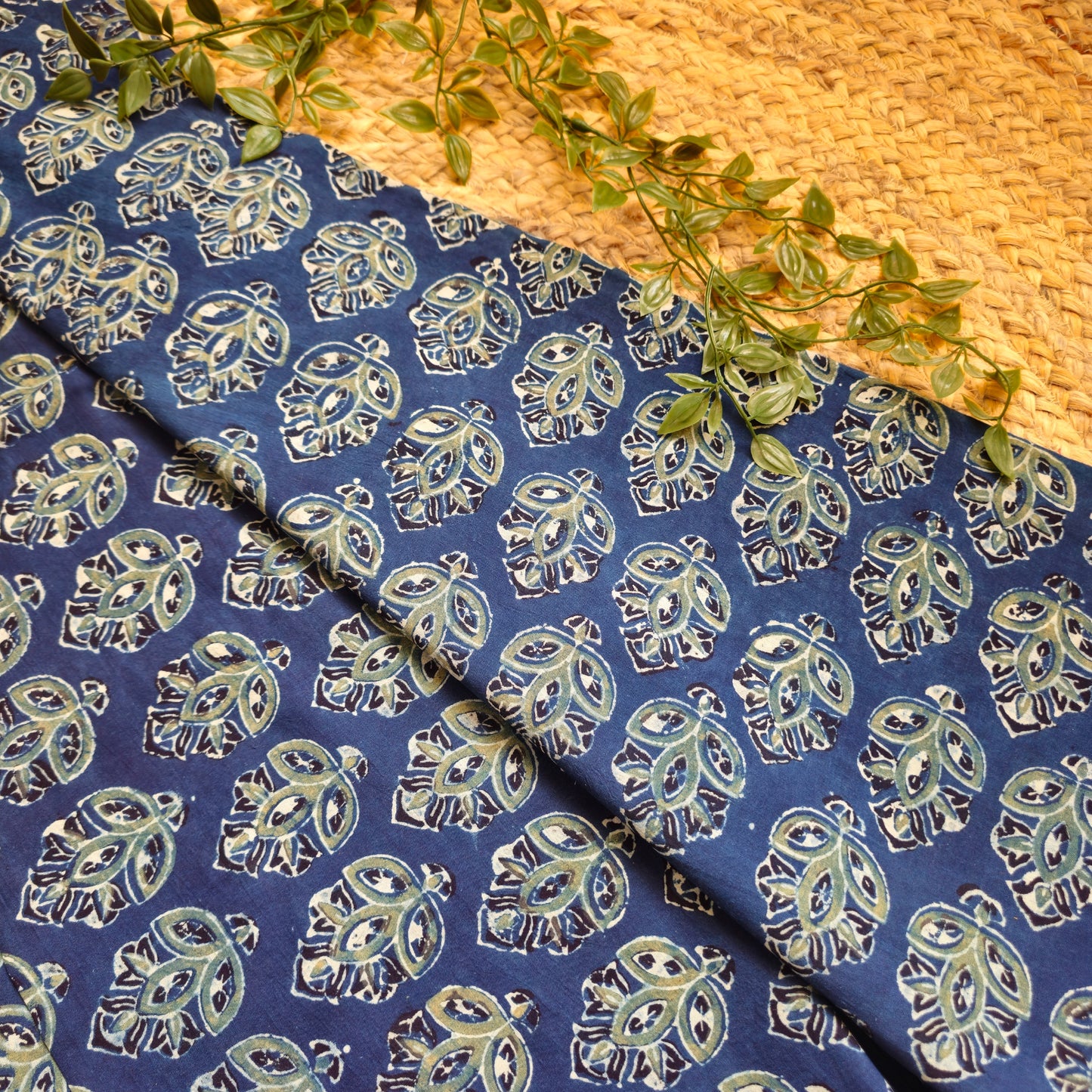 Unstitched Blue Ajrakh Hand Block Printed Pure Cotton Fabric – Handcrafted Fabric for Custom Designs