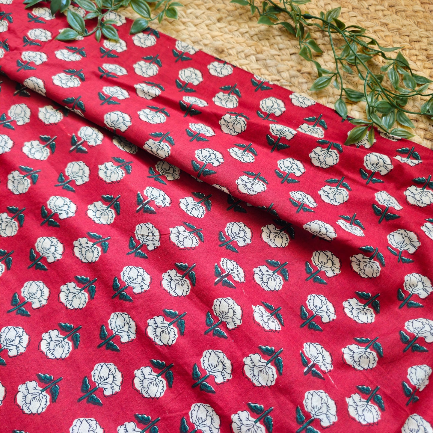 Unstitched Red Floral Soft Cotton Bagru Print Fabric – Handcrafted Fabric for Custom Designs