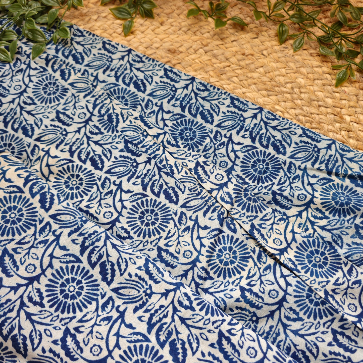 Unstitched Indigo Blue Pure Cotton Fabric With Floral Patterns – Handcrafted Fabric for Custom Designs