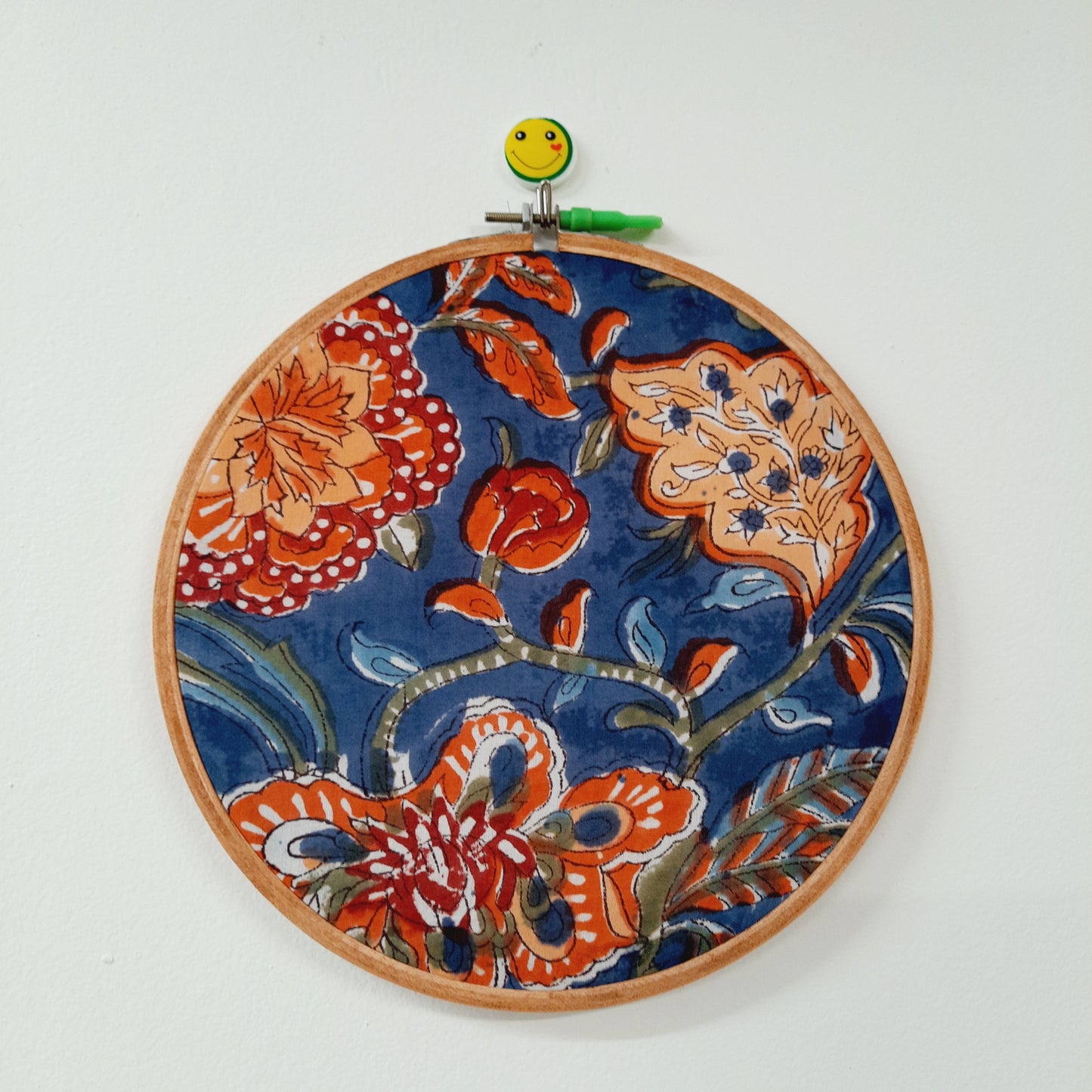 Blue Fabric with Bold Red Floral Motifs Embroidery Hoop – Upcycled Fabric | Multiple Sizes