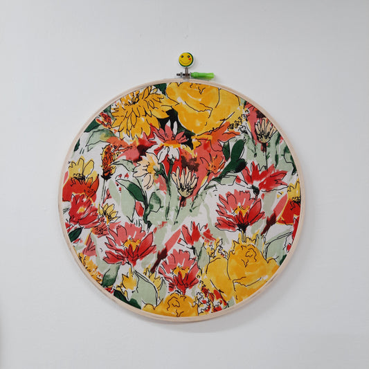 Abstract Watercolor Floral Print Embroidery Hoop – Yellow, Red, Green, Multicolor | Upcycled Fabric | Multiple Sizes