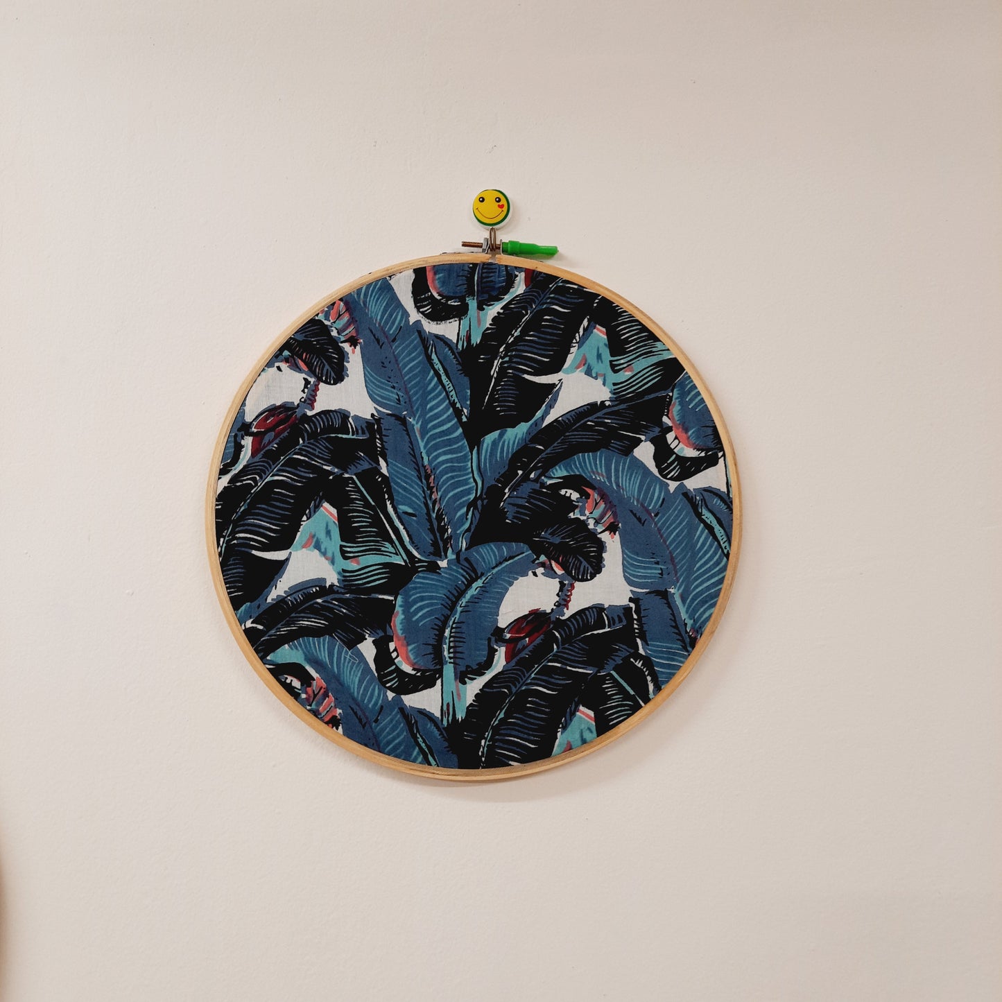 Black and Blue Banana Leaf Embroidery Hoop – Upcycled Fabric | Multiple Sizes