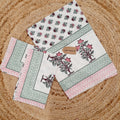 White and Pink Floral Hand Block Print King Size Bedsheet With Geometric Border