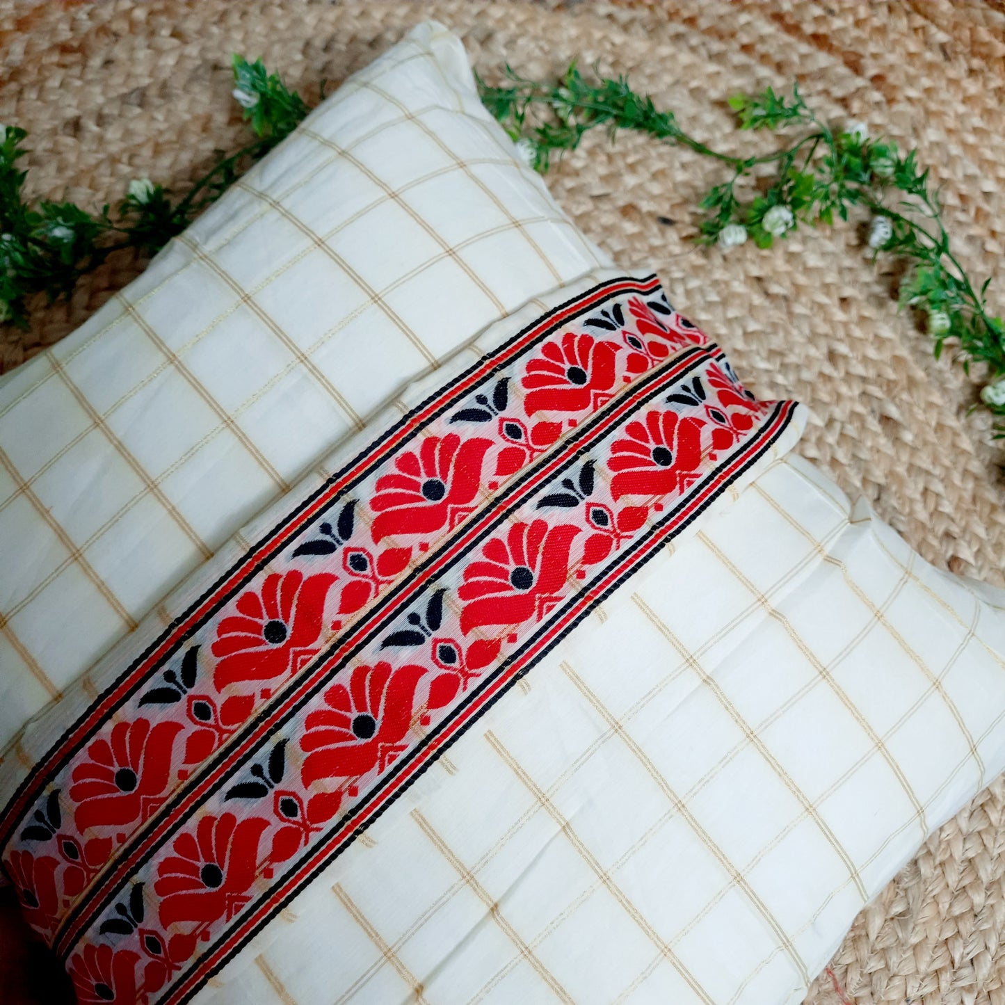 Handcrafted Assamese Cotton Silk Cushion Cover with Red and Black Motif Lace Work