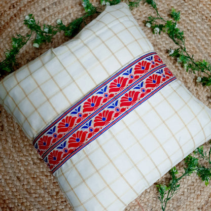 Handcrafted Assamese Cotton Silk Cushion Cover with Red and Blue Motif Lace Work