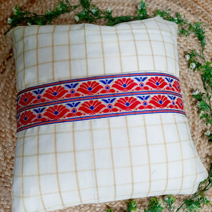 Handcrafted Assamese Cotton Silk Cushion Cover with Red and Blue Motif Lace Work