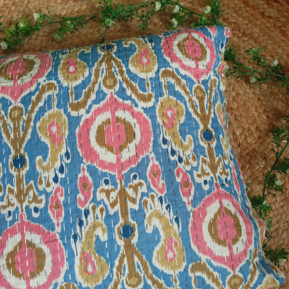 Pink and Sky Blue Kantha Work Ikat Print Cushion Cover