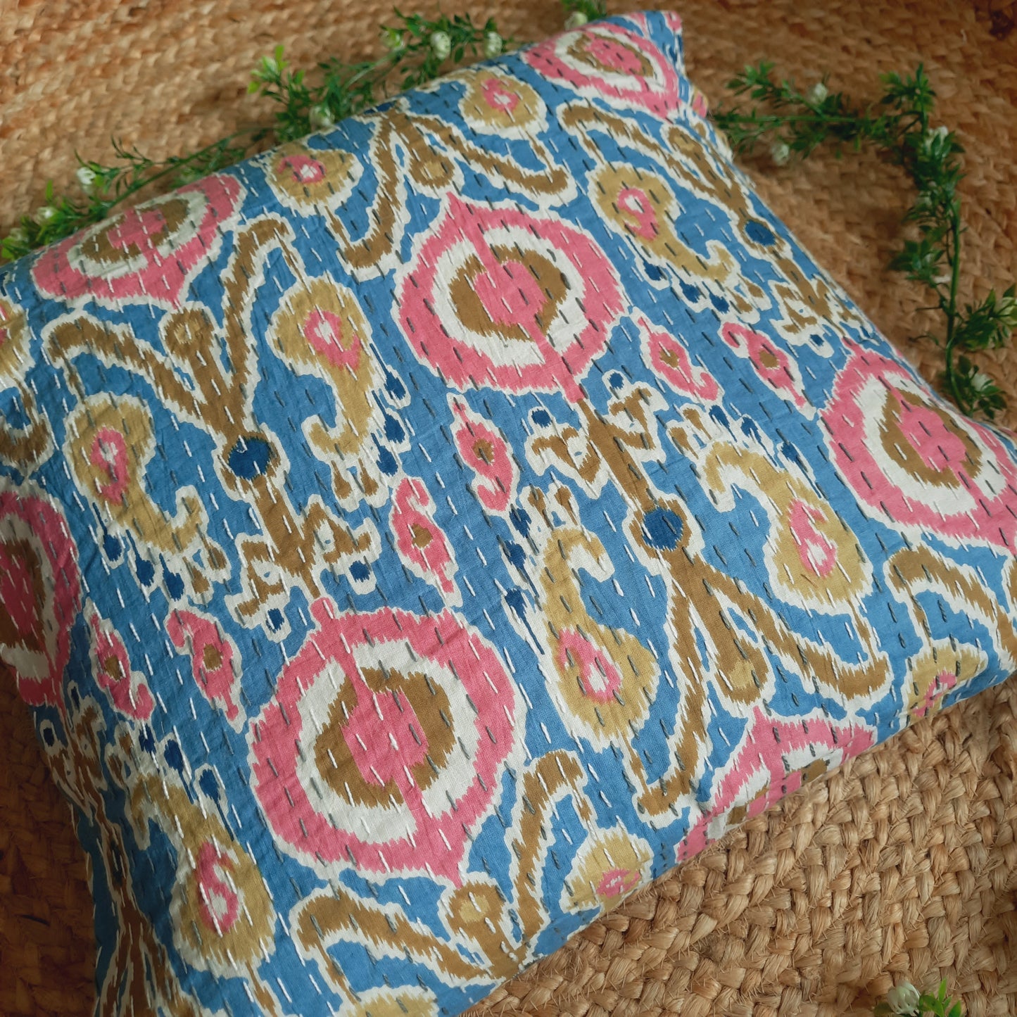 Pink and Sky Blue Kantha Work Ikat Print Cushion Cover