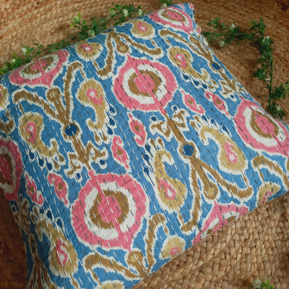 Pink and Sky Blue Kantha Work Ikat Print Cushion Cover