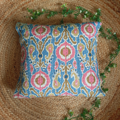 Pink and Sky Blue Kantha Work Ikat Print Cushion Cover