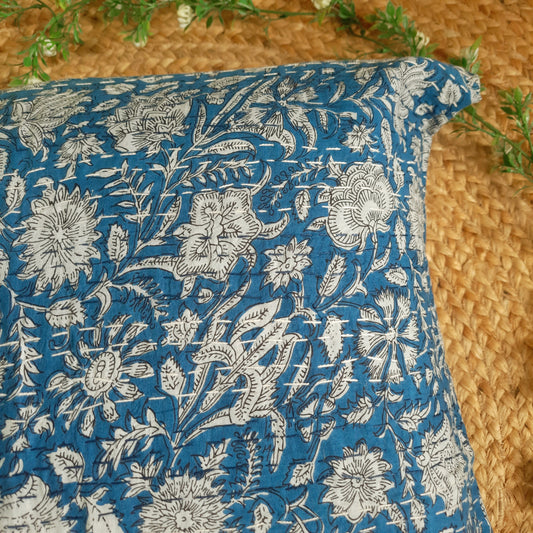 Blue and White Floral Kantha Work Pure Cotton Cushion Cover