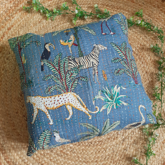 Blue Animal Print Kantha Work  Pure Cotton Cushion Cover