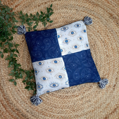 Blue Evil Eye Patchwork Cushion Cover with Tassels