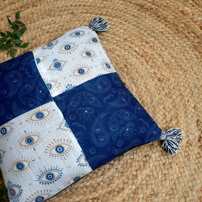 Blue Evil Eye Patchwork Cushion Cover with Tassels