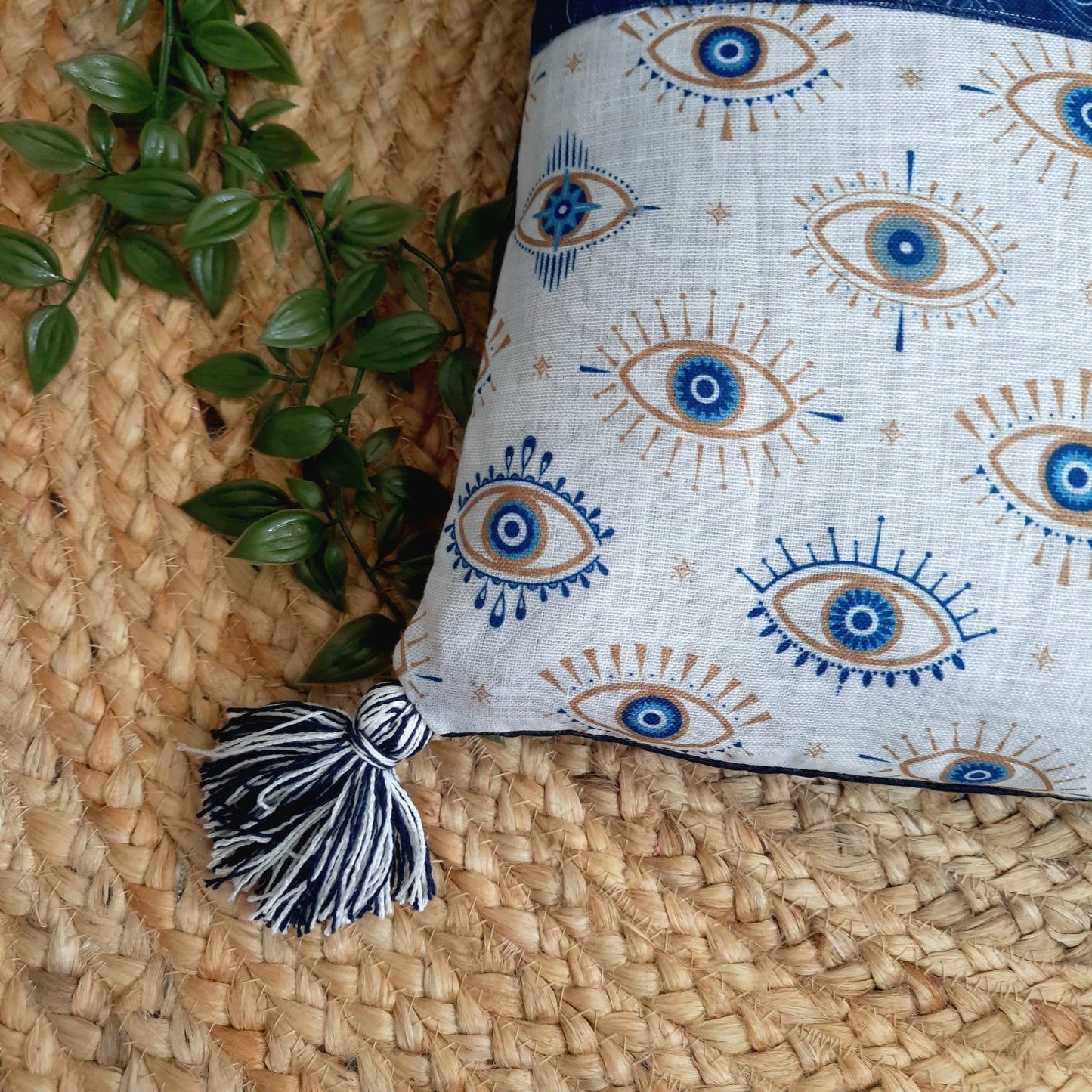 Blue Evil Eye Patchwork Cushion Cover with Tassels