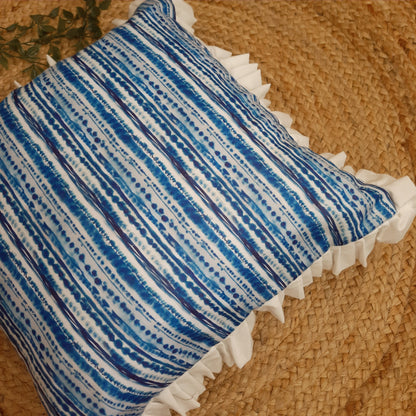 Blue Tie and Dye Linen Cushion Cover with White Frills