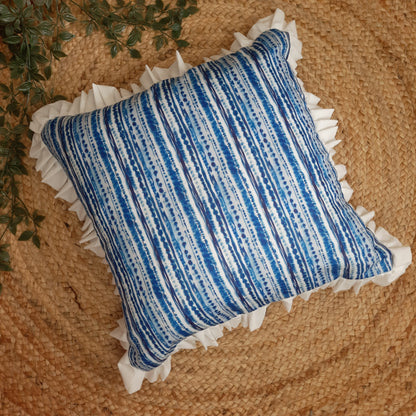 Blue Tie and Dye Linen Cushion Cover with White Frills