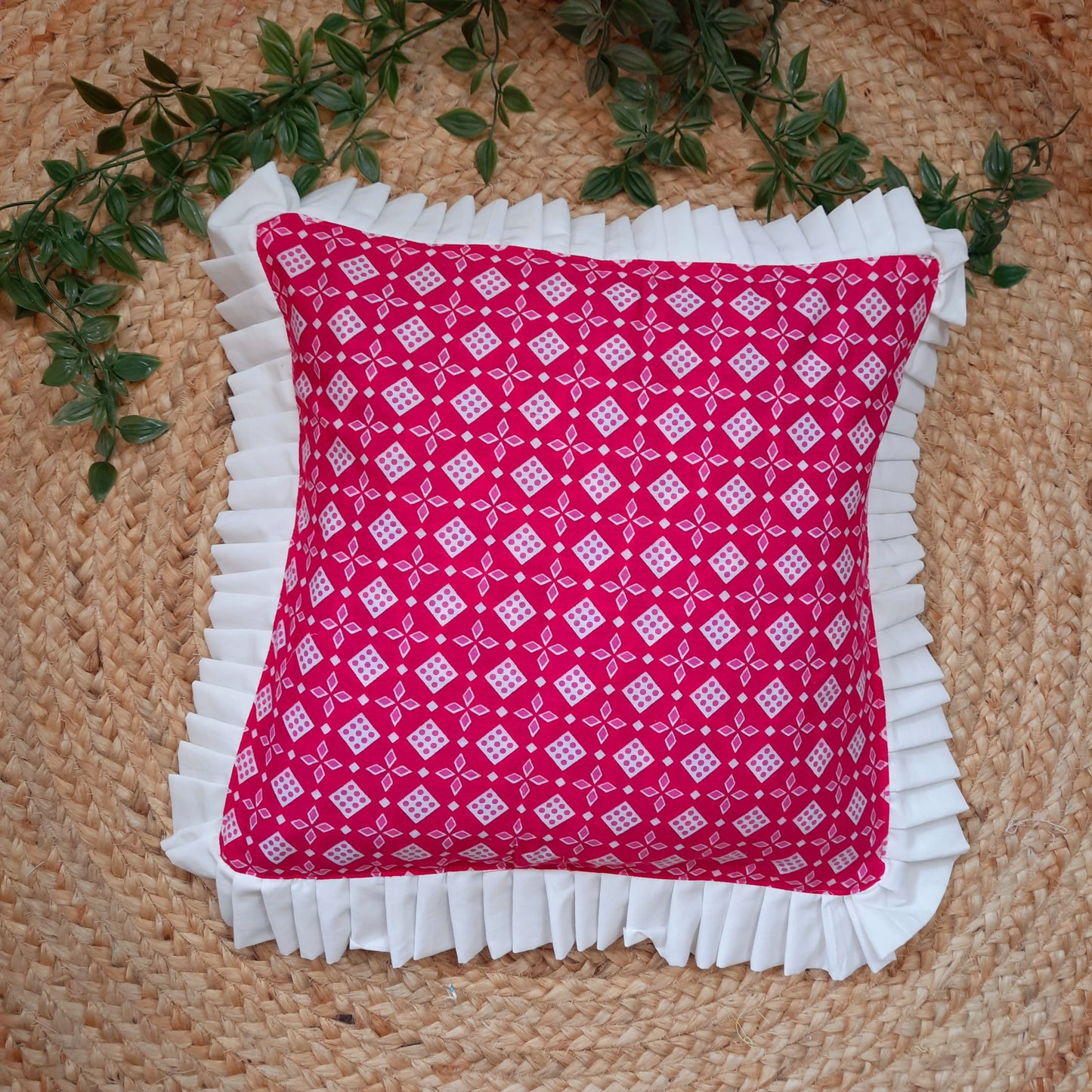 Pink Bandhani Pattern Handcrafted Cushion Cover With Frill