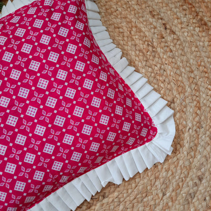 Pink Bandhani Pattern Handcrafted Cushion Cover With Frill