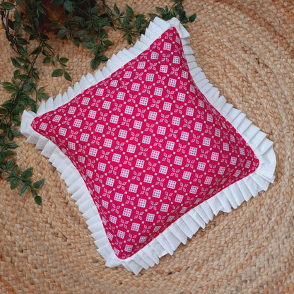 Pink Bandhani Pattern Handcrafted Cushion Cover With Frill