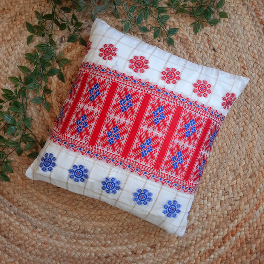 Assamese Cotton Silk Indain Traditional Cushion Cover with Red and Blue Motif Lace Work