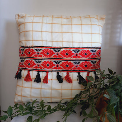 Assamese Cotton Silk Cushion Cover with Red and Black Motif Lace Work