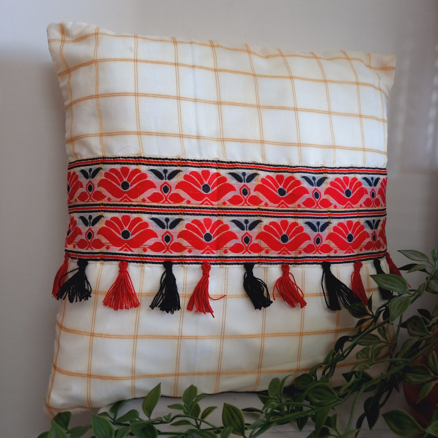 Assamese Cotton Silk Cushion Cover with Red and Black Motif Lace Work