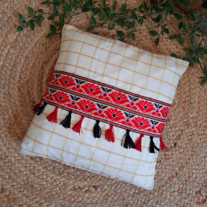 Assamese Cotton Silk Cushion Cover with Red and Black Motif Lace Work