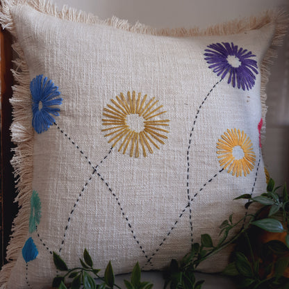 Abstract Hand Made Off-White Multicolor-Embroidery Cushion Cover