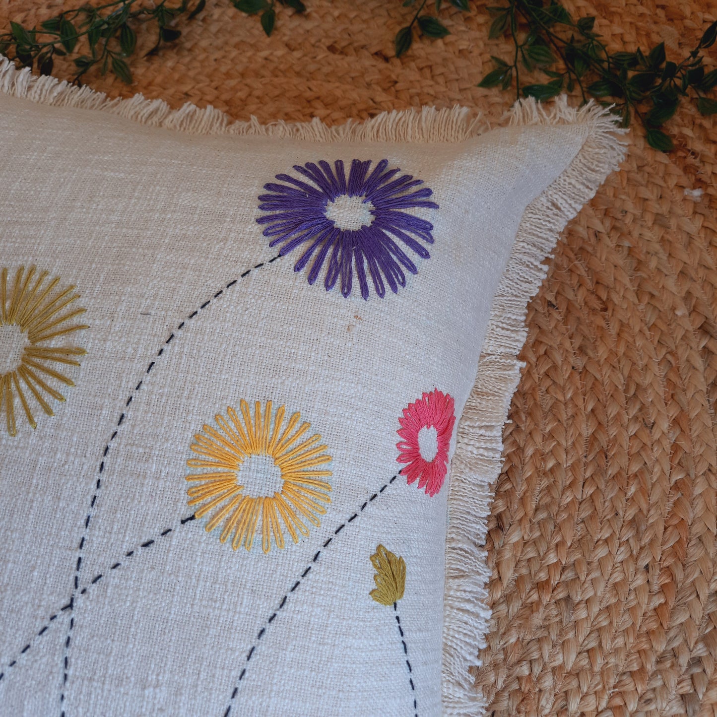 Abstract Hand Made Off-White Multicolor-Embroidery Cushion Cover