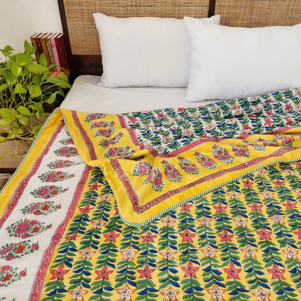 Yellow And Green Floral Print Pure Cotton Reversible Dohar King Size