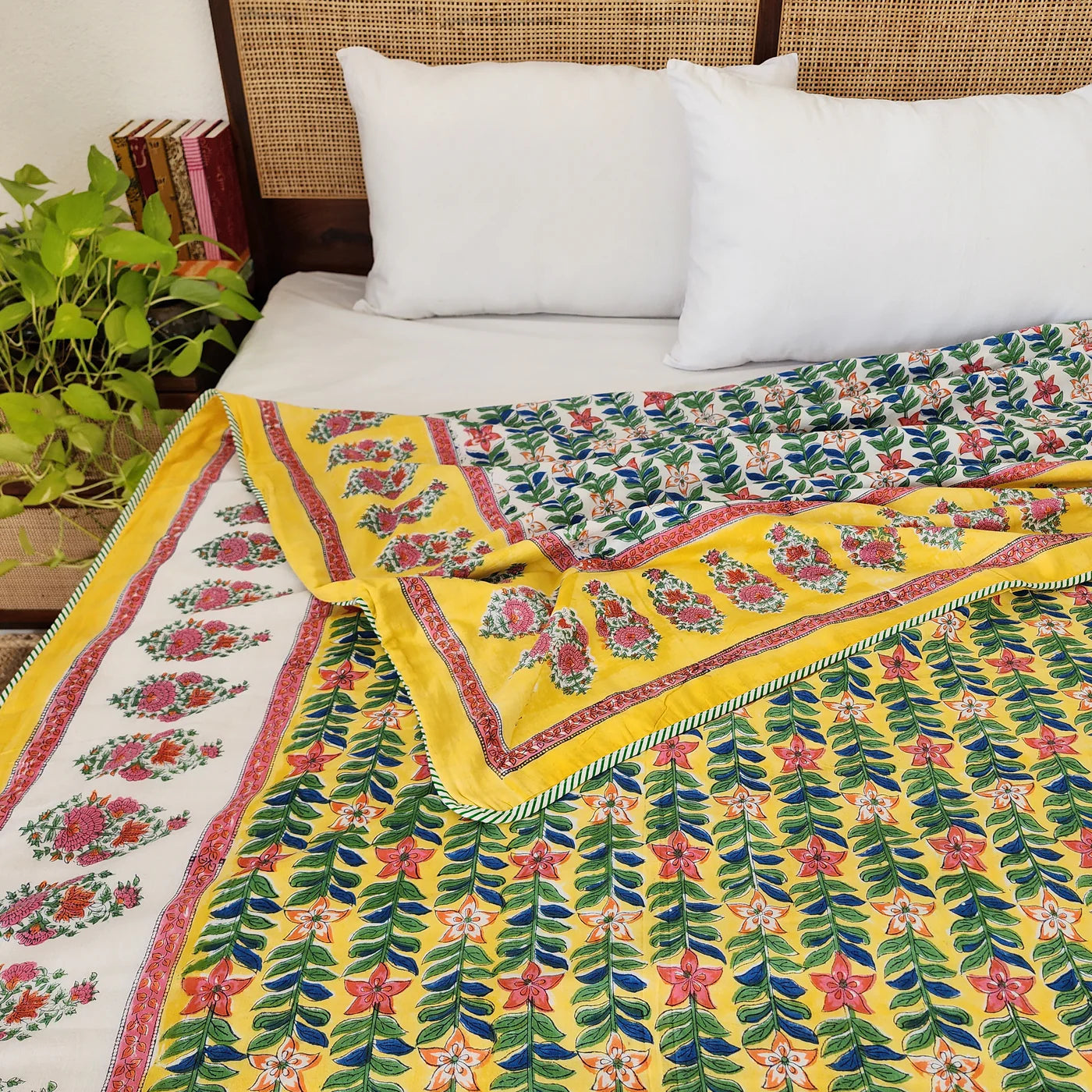 Yellow And Green Floral Print Pure Cotton Reversible Dohar King Size