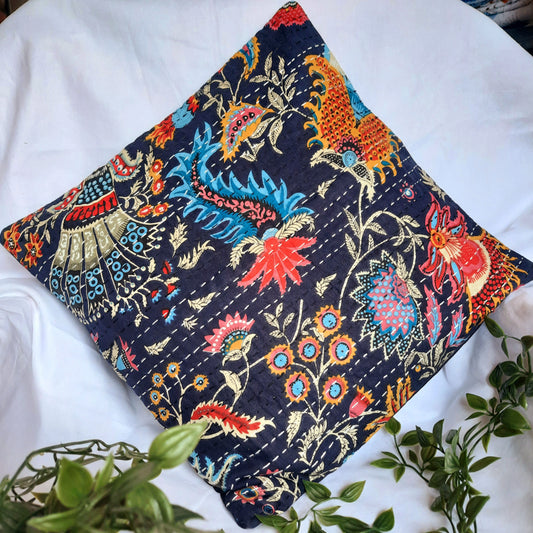 Navy Blue Floral Kantha Work Cushion Cover