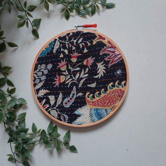 Black Kantha Work Floral Embroidery Hoop | Handmade | Upcycled Fabric