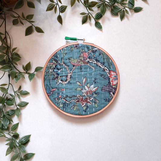 Teal Kantha Work Floral Embroidery Hoop | Handmade | Upcycled Fabric