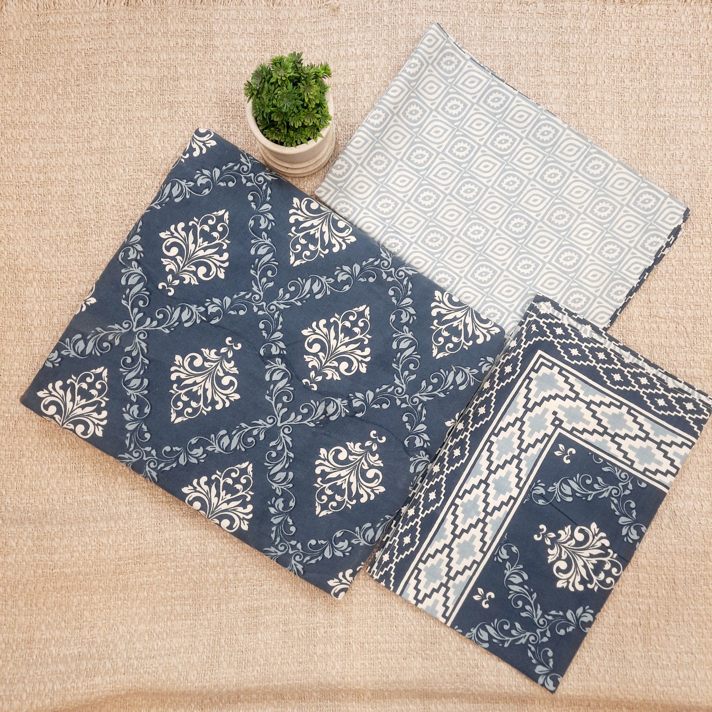 Navy Blue and White Jaipuri Print King Size Fitted Bedsheet | Pure Cotton