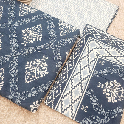 Navy Blue and White Jaipuri Print King Size Fitted Bedsheet | Pure Cotton