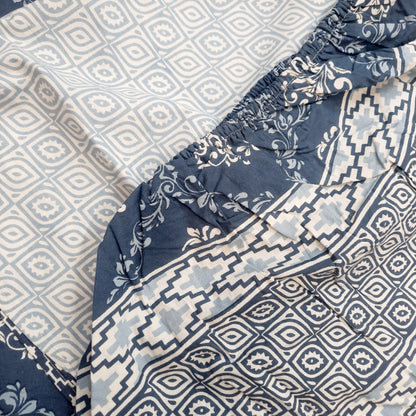 Navy Blue and White Jaipuri Print King Size Fitted Bedsheet | Pure Cotton