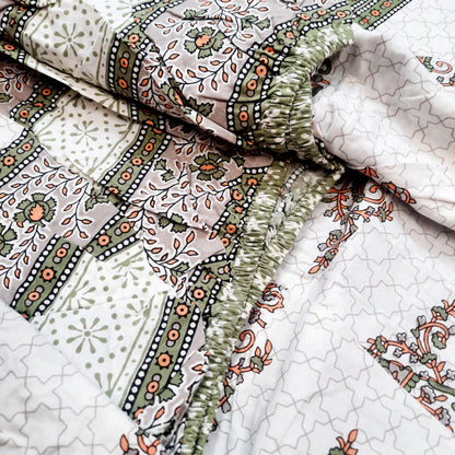 Orange and Green Paisley Print King Size Fitted Bedsheet | Pure Cotton | White Base