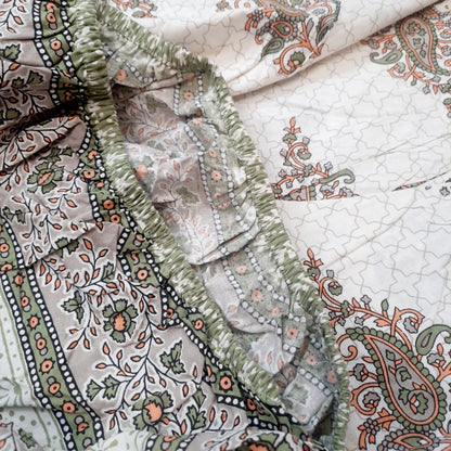 Orange and Green Paisley Print King Size Fitted Bedsheet | Pure Cotton | White Base