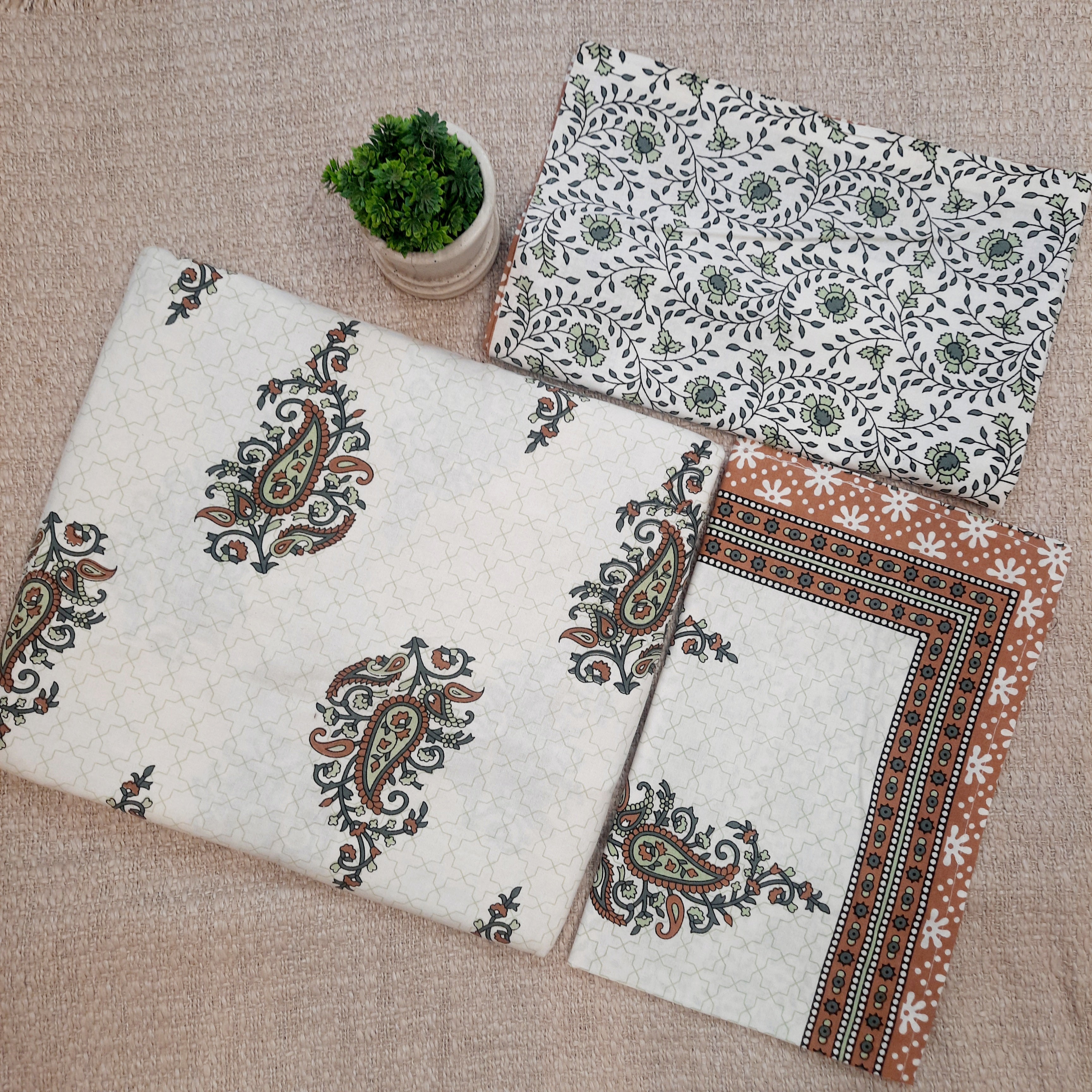 King Size Fitted Bedsheet | Pure Cotton | Brown & Green Paisley Print on White Base