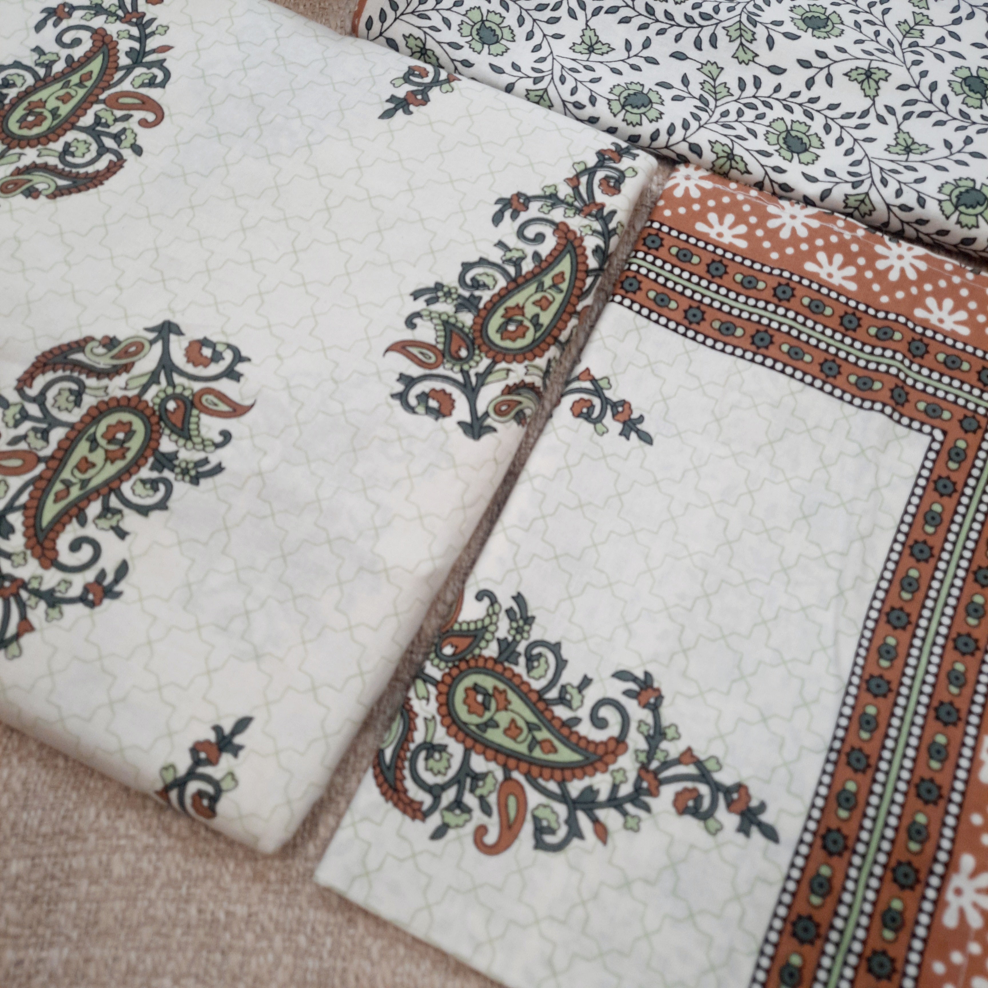 King Size Fitted Bedsheet | Pure Cotton | Brown & Green Paisley Print on White Base