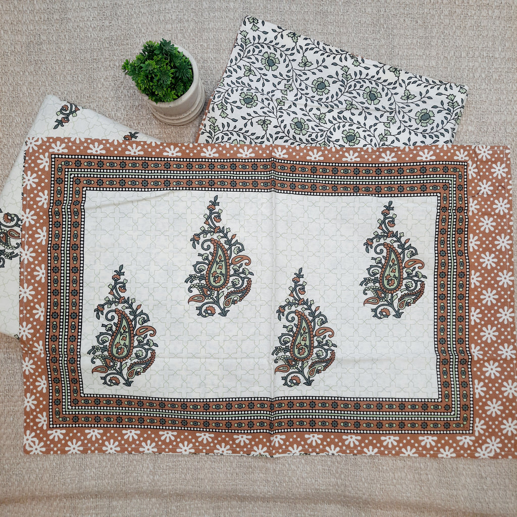 King Size Fitted Bedsheet | Pure Cotton | Brown & Green Paisley Print on White Base