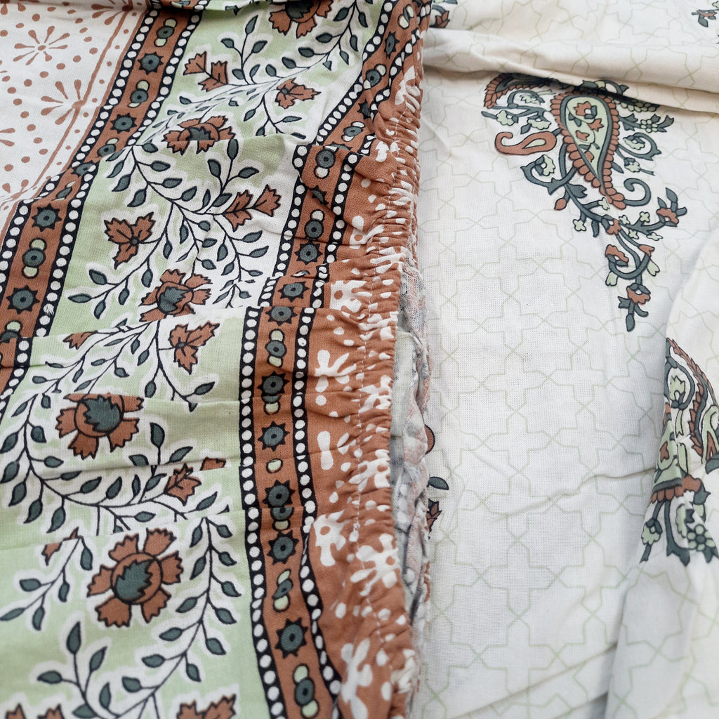 King Size Fitted Bedsheet | Pure Cotton | Brown & Green Paisley Print on White Base