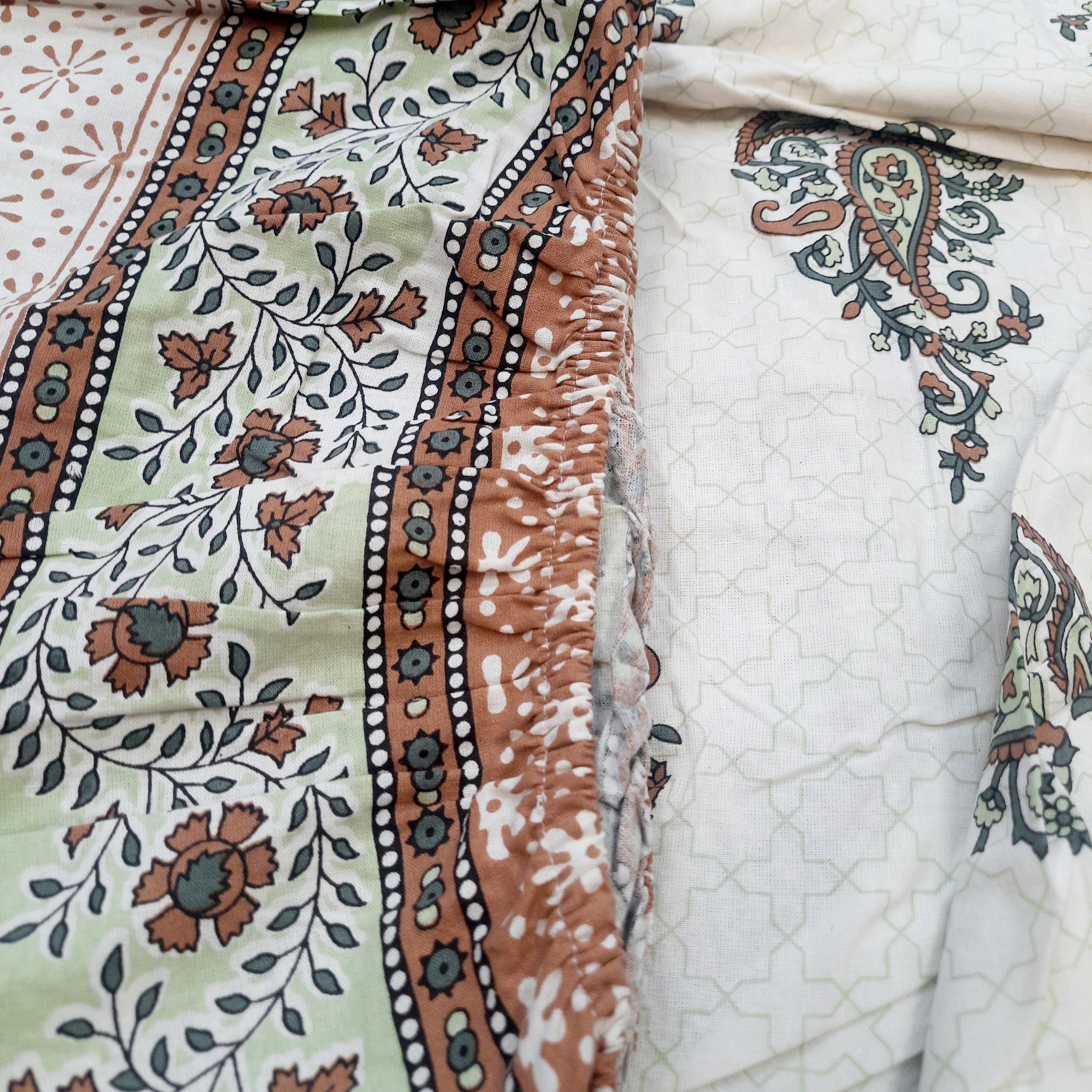 King Size Fitted Bedsheet | Pure Cotton | Brown & Green Paisley Print on White Base