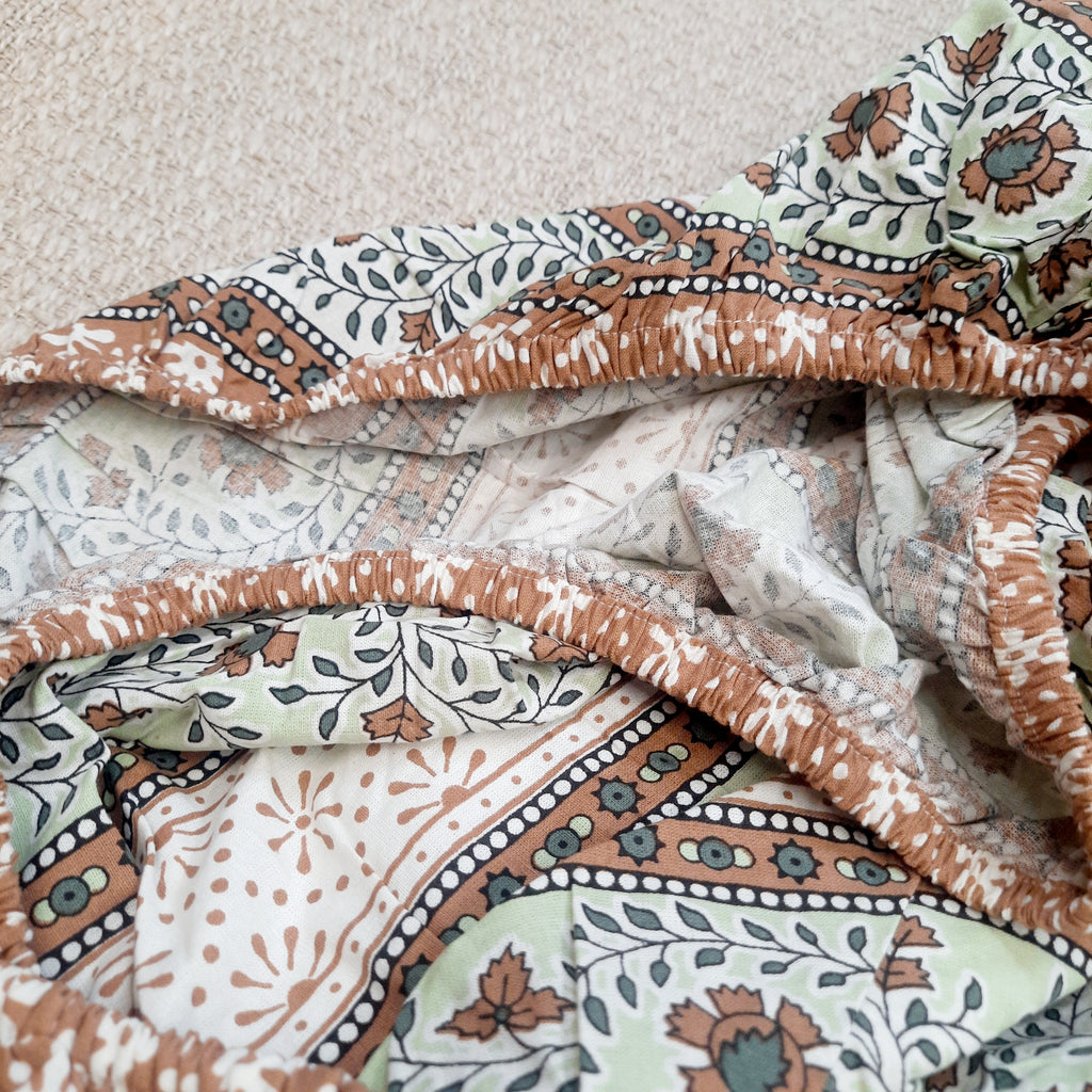 King Size Fitted Bedsheet | Pure Cotton | Brown & Green Paisley Print on White Base