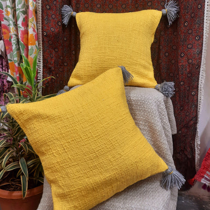 Bright Yellow Slub Cotton Cushion Cover with Grey Tassels | Handcrafted | Boho Chic