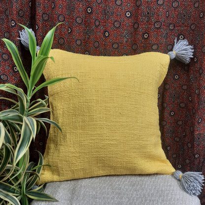 Bright Yellow Slub Cotton Cushion Cover with Grey Tassels | Handcrafted | Boho Chic